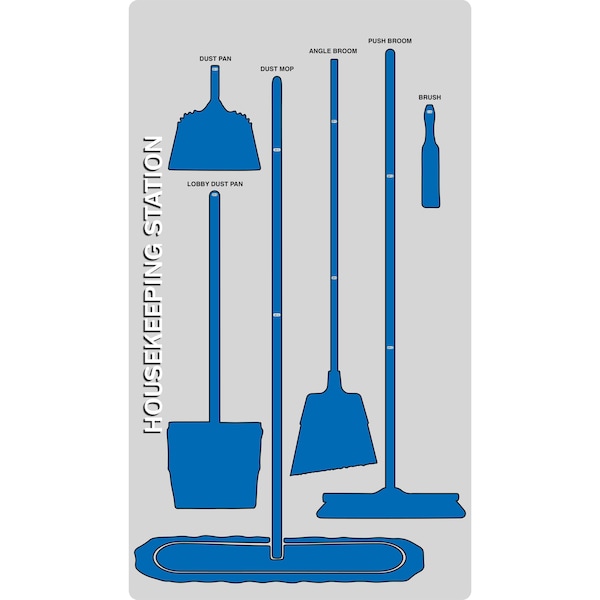 5S Housekeeping Shadow Board Broom Station Version 2 - Gray Board / Blue Shadows  With Broom
